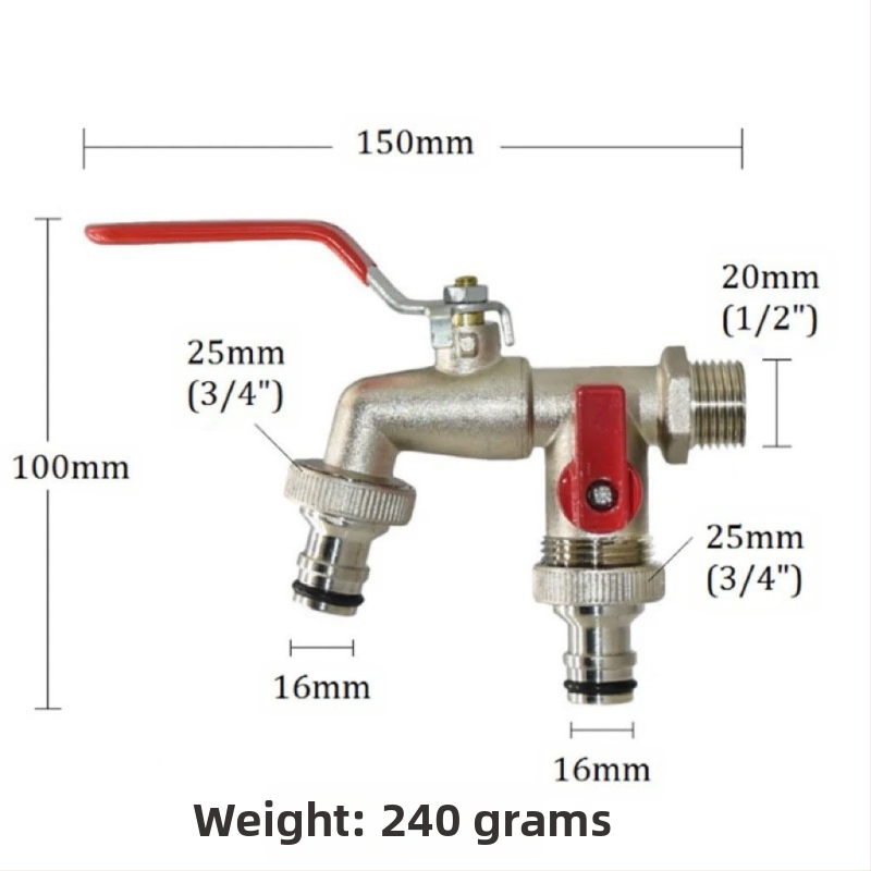 Градински кран от цинкова сплав с двойни изходи и двойно управление, електроплакиран покритие