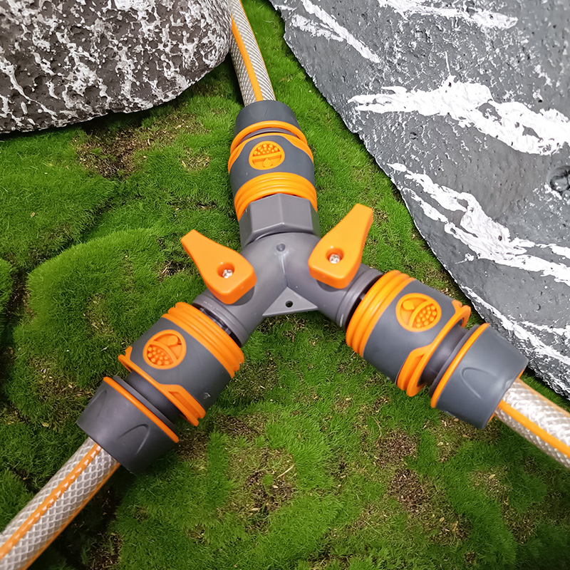 Тройник за маркуч с превключвател за разпределение на водата, пластмасов Y-образен тройник за свързване на маркуч; вход/изход 16–19 мм; бързи връзки: 6-, 2-, 3-, 4- и 1-инчови