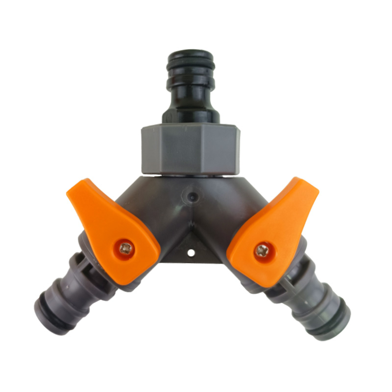 Тройник за маркуч с превключвател за разпределение на водата, пластмасов Y-образен тройник за свързване на маркуч; вход/изход 16–19 мм; бързи връзки: 6-, 2-, 3-, 4- и 1-инчови