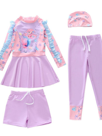 Σετ μαγιό κοριτσιών με μακριά μανίκια και προστασία από τον ήλιο, τεσσάρων μερών, για ηλικίες 2–13 ετών, πολυεστερικό ύφασμα, μικρό φρέσκο μοτίο