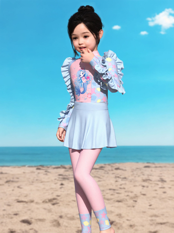 Σετ μαγιό κοριτσιών με μακριά μανίκια και προστασία από τον ήλιο, τεσσάρων μερών, για ηλικίες 2–13 ετών, πολυεστερικό ύφασμα, μικρό φρέσκο μοτίο