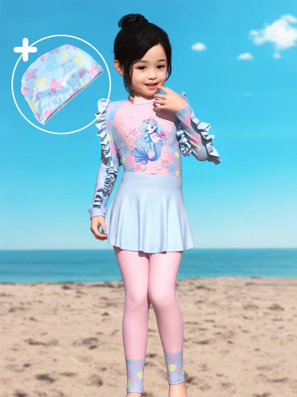Lányoknak készült hosszú ujjú fürdőruha készlet napsütés elleni védelemmel, négy darabos készlet, 2–13 éveseknek, poliészter, kis friss mintázat