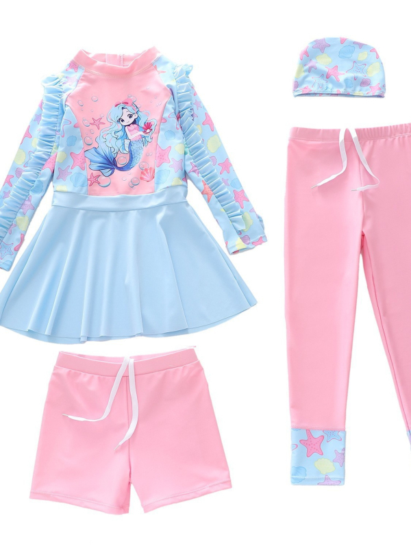 Lányoknak készült hosszú ujjú fürdőruha készlet napsütés elleni védelemmel, négy darabos készlet, 2–13 éveseknek, poliészter, kis friss mintázat