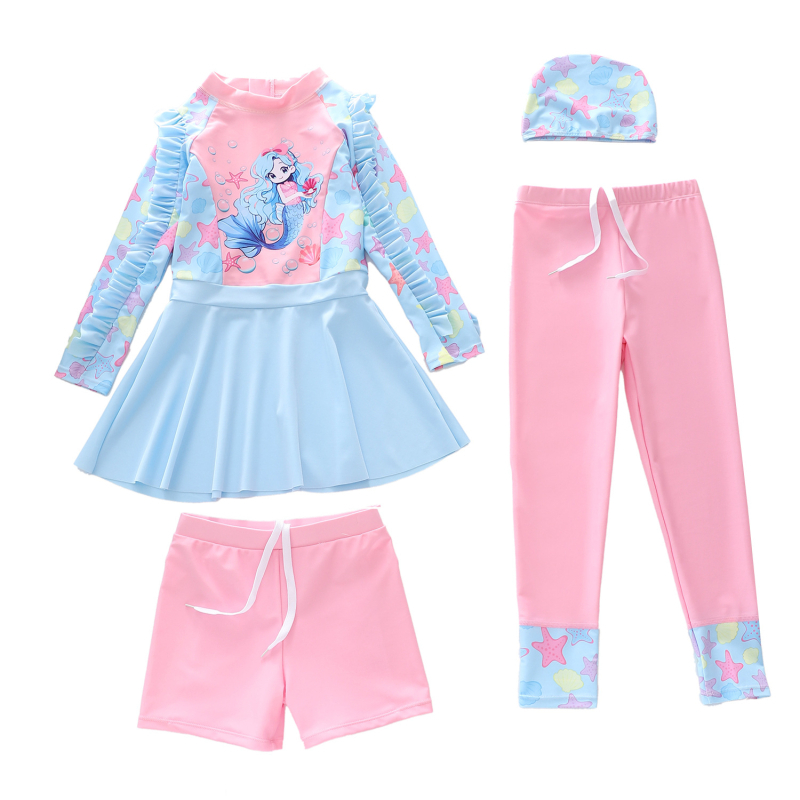 Lányoknak készült hosszú ujjú fürdőruha készlet napsütés elleni védelemmel, négy darabos készlet, 2–13 éveseknek, poliészter, kis friss mintázat