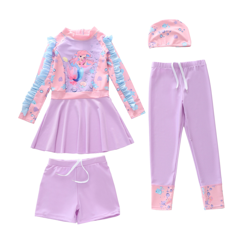 Lányoknak készült hosszú ujjú fürdőruha készlet napsütés elleni védelemmel, négy darabos készlet, 2–13 éveseknek, poliészter, kis friss mintázat