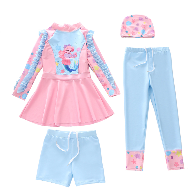 Lányoknak készült hosszú ujjú fürdőruha készlet napsütés elleni védelemmel, négy darabos készlet, 2–13 éveseknek, poliészter, kis friss mintázat