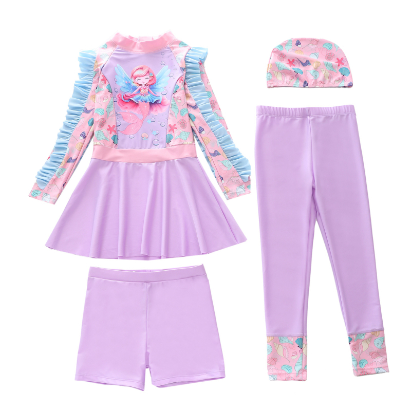 Lányoknak készült hosszú ujjú fürdőruha készlet napsütés elleni védelemmel, négy darabos készlet, 2–13 éveseknek, poliészter, kis friss mintázat