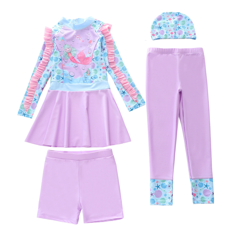 Lányoknak készült hosszú ujjú fürdőruha készlet napsütés elleni védelemmel, négy darabos készlet, 2–13 éveseknek, poliészter, kis friss mintázat