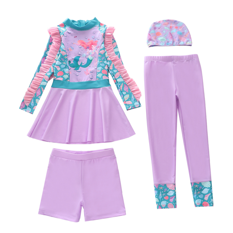 Lányoknak készült hosszú ujjú fürdőruha készlet napsütés elleni védelemmel, négy darabos készlet, 2–13 éveseknek, poliészter, kis friss mintázat