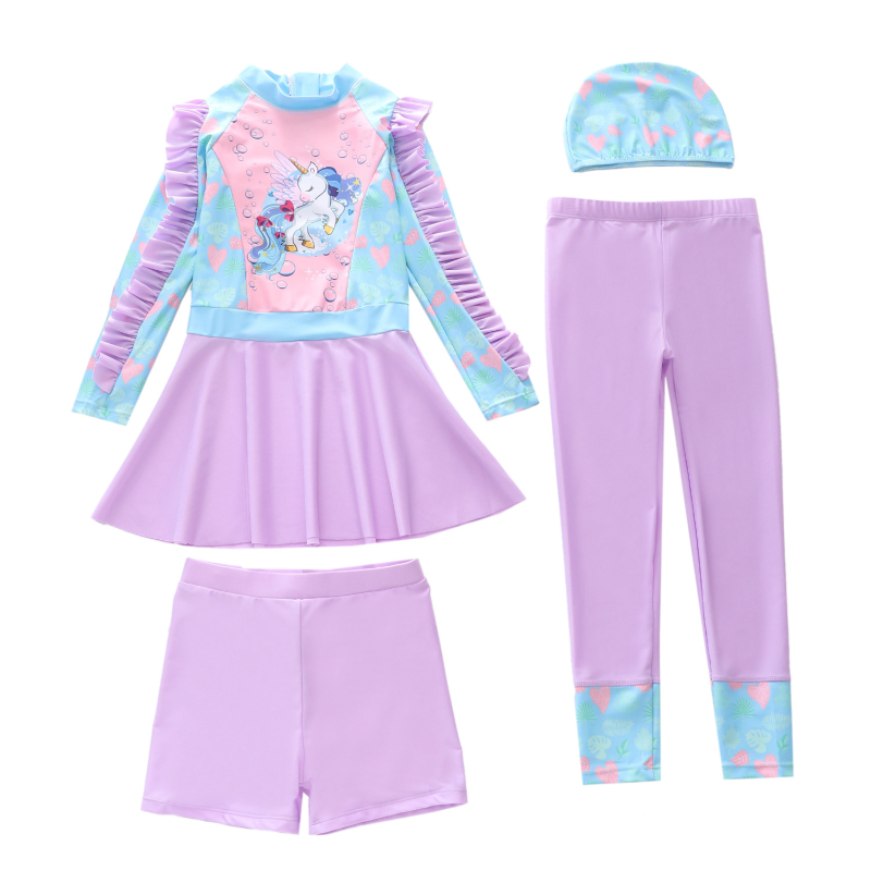 Lányoknak készült hosszú ujjú fürdőruha készlet napsütés elleni védelemmel, négy darabos készlet, 2–13 éveseknek, poliészter, kis friss mintázat