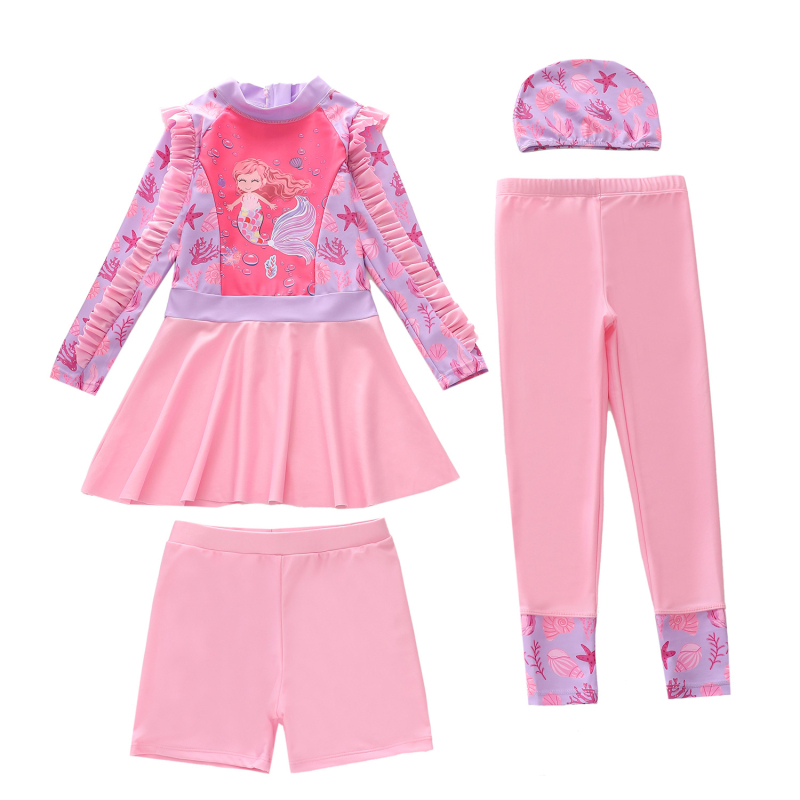 Lányoknak készült hosszú ujjú fürdőruha készlet napsütés elleni védelemmel, négy darabos készlet, 2–13 éveseknek, poliészter, kis friss mintázat