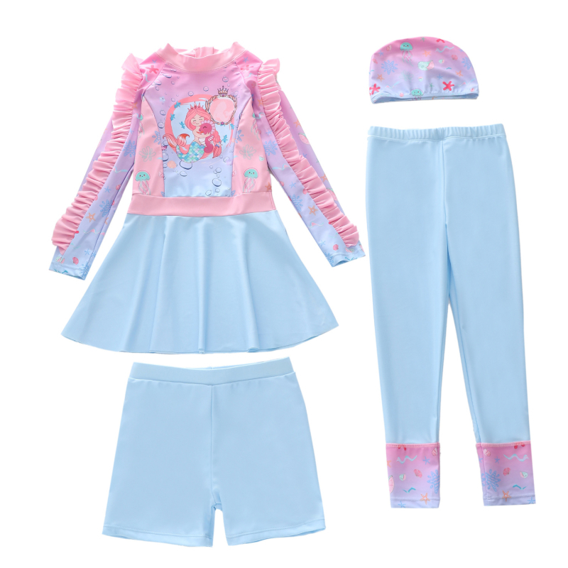 Lányoknak készült hosszú ujjú fürdőruha készlet napsütés elleni védelemmel, négy darabos készlet, 2–13 éveseknek, poliészter, kis friss mintázat