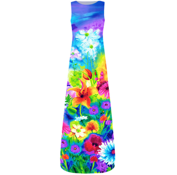 Γυναικείο φόρεμα χωρίς μανίκια, με στρογγυλό λαιμό, υψηλή μέση, μακριά φλοράλ φόρεμα με ψηφιακή εκτύπωση σε πολυεστέρα.