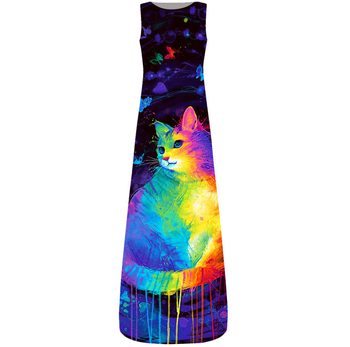 Γυναικείο φόρεμα χωρίς μανίκια, με στρογγυλό λαιμό, υψηλή μέση, μακριά φλοράλ φόρεμα με ψηφιακή εκτύπωση σε πολυεστέρα.