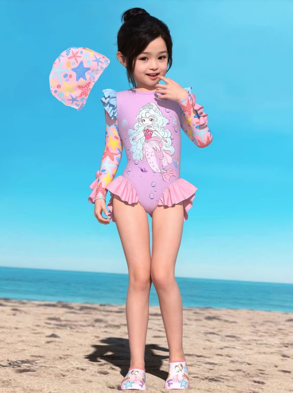 Yibaidu lányoknak készült egyrészes fürdőruha hosszú ujjú napvédővel; 84% poliészter, 98% poliészter bélés; 2–13 éves korosztály számára.