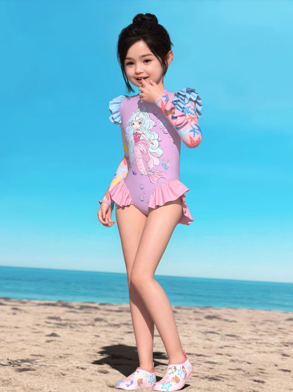 Yibaidu lányoknak készült egyrészes fürdőruha hosszú ujjú napvédővel; 84% poliészter, 98% poliészter bélés; 2–13 éves korosztály számára.