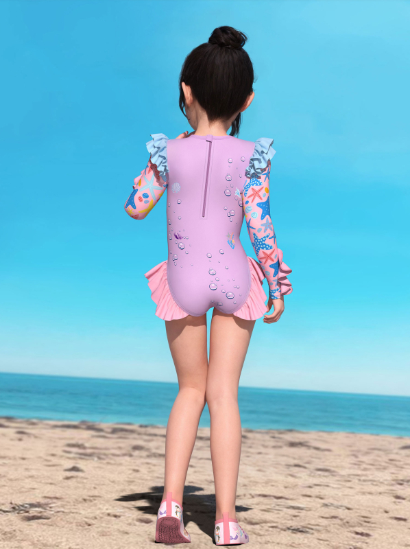 Yibaidu lányoknak készült egyrészes fürdőruha hosszú ujjú napvédővel; 84% poliészter, 98% poliészter bélés; 2–13 éves korosztály számára.