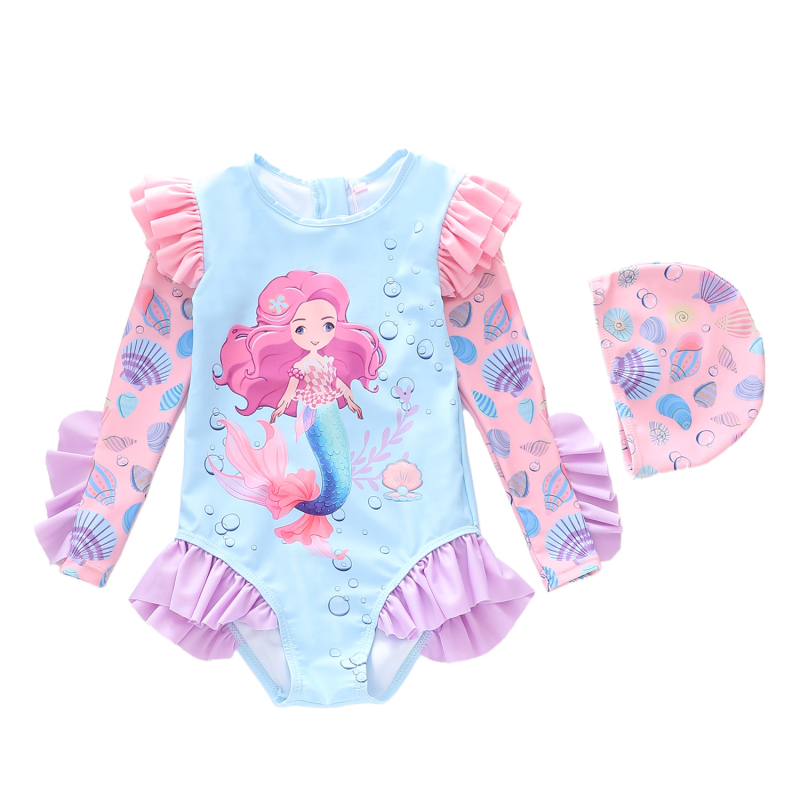 Yibaidu lányoknak készült egyrészes fürdőruha hosszú ujjú napvédővel; 84% poliészter, 98% poliészter bélés; 2–13 éves korosztály számára.