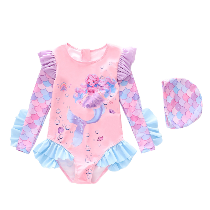 Yibaidu lányoknak készült egyrészes fürdőruha hosszú ujjú napvédővel; 84% poliészter, 98% poliészter bélés; 2–13 éves korosztály számára.