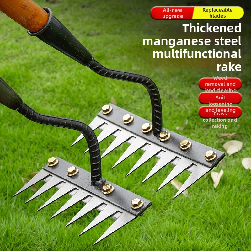 Градинско гребло и лопата – манганова стомана, петостъпна конструкция, мултифункционален инструмент за плевене, разрохване на почвата и нивелиране