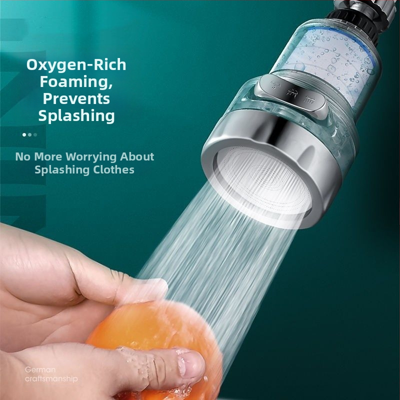 Кран-филтър за дома с трискоростно универсално свързване, антипръски филтър за вода. Модел 22/24 мм; Материал: ABS; Повърхност: електроплакиране; Монтаж: въртящо се навиване; Работна температура: 0–80°C; Номинално налягане: 1 bar.