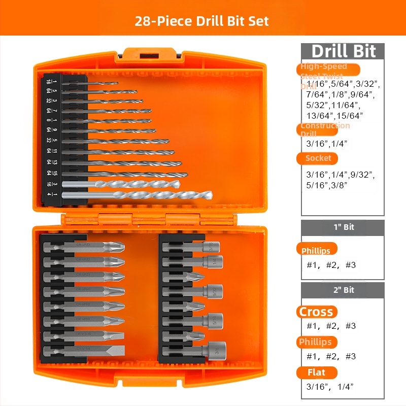 Многофункционален комплект спирални свредла за дърво и строителство; подходящ за керамични плочки и стъкло; включва бит за отвертка и разширител