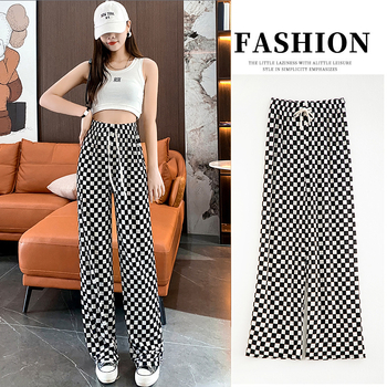 Γυναικείες φαρδιές καρό παντελόνες με υψηλή μέση, ελαφρύ ύφασμα βαμβακι-πολυεστέρα, χαλαρή γραμμή για καλοκαίρι