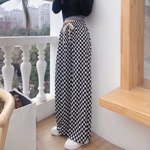 Γυναικείες φαρδιές καρό παντελόνες με υψηλή μέση, ελαφρύ ύφασμα βαμβακι-πολυεστέρα, χαλαρή γραμμή για καλοκαίρι