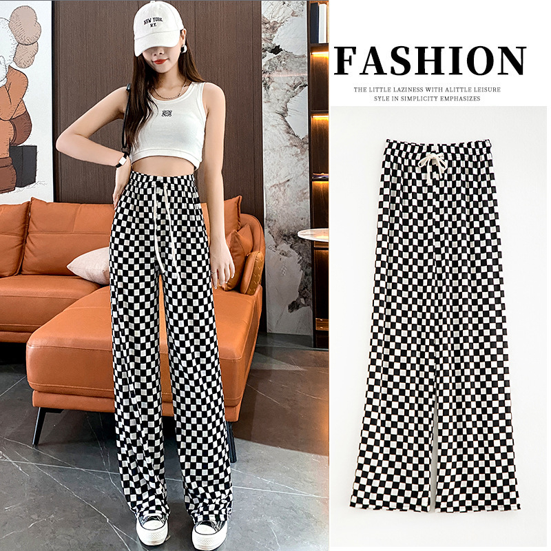 Γυναικείες φαρδιές καρό παντελόνες με υψηλή μέση, ελαφρύ ύφασμα βαμβακι-πολυεστέρα, χαλαρή γραμμή για καλοκαίρι