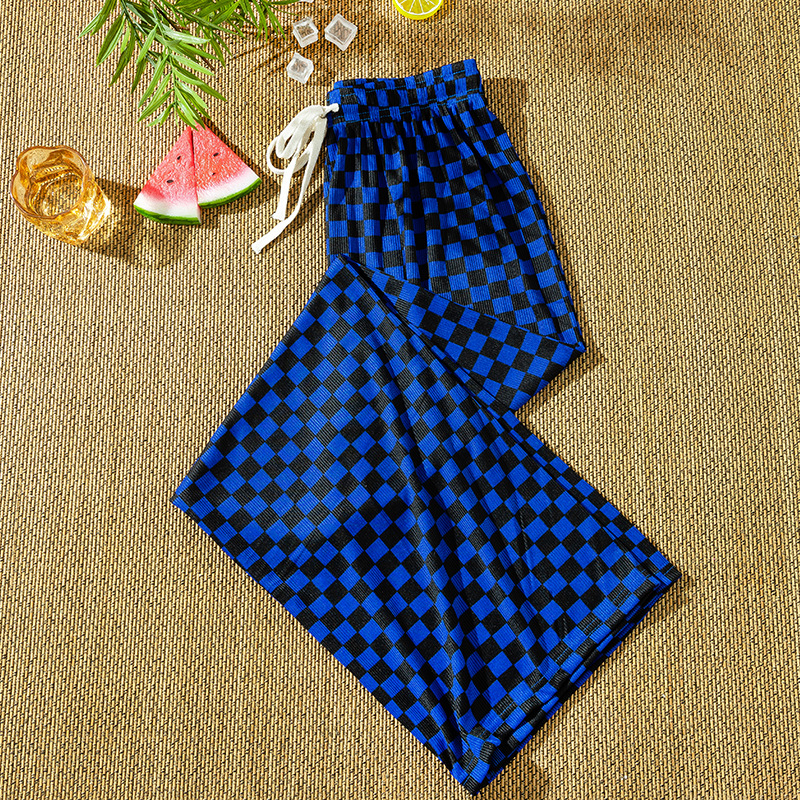 Γυναικείες φαρδιές καρό παντελόνες με υψηλή μέση, ελαφρύ ύφασμα βαμβακι-πολυεστέρα, χαλαρή γραμμή για καλοκαίρι