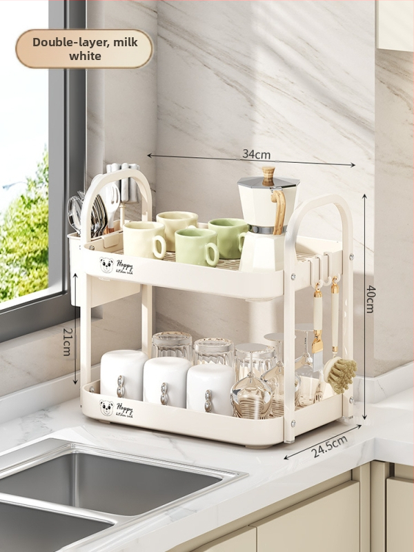 Ράφι αποθήκευσης φλυτζανιών για γραφείο, διπλού επιπέδου δίσκος αποστράγγισης, μεταλλικό, μοντέλο 1, μονόχρωμο στυλ