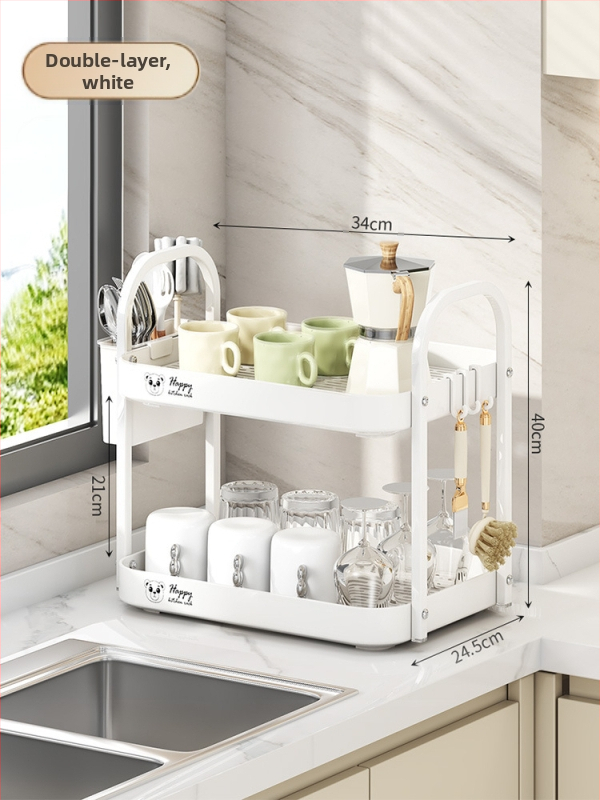 Ράφι αποθήκευσης φλυτζανιών για γραφείο, διπλού επιπέδου δίσκος αποστράγγισης, μεταλλικό, μοντέλο 1, μονόχρωμο στυλ