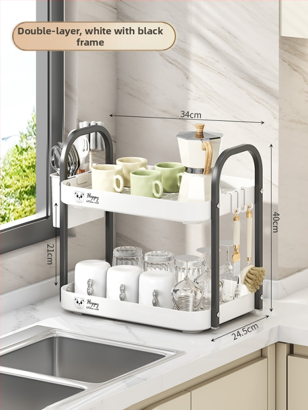 Ράφι αποθήκευσης φλυτζανιών για γραφείο, διπλού επιπέδου δίσκος αποστράγγισης, μεταλλικό, μοντέλο 1, μονόχρωμο στυλ