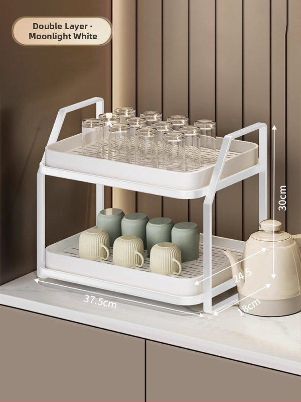 Ράφι αποθήκευσης φλυτζανιών για γραφείο, διπλού επιπέδου δίσκος αποστράγγισης, μεταλλικό, μοντέλο 1, μονόχρωμο στυλ