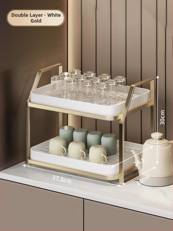 Ράφι αποθήκευσης φλυτζανιών για γραφείο, διπλού επιπέδου δίσκος αποστράγγισης, μεταλλικό, μοντέλο 1, μονόχρωμο στυλ