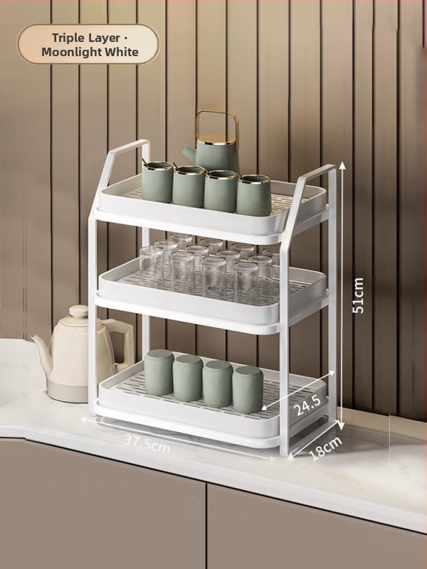Ράφι αποθήκευσης φλυτζανιών για γραφείο, διπλού επιπέδου δίσκος αποστράγγισης, μεταλλικό, μοντέλο 1, μονόχρωμο στυλ