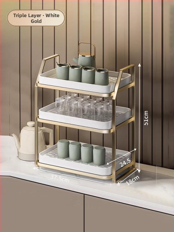 Ράφι αποθήκευσης φλυτζανιών για γραφείο, διπλού επιπέδου δίσκος αποστράγγισης, μεταλλικό, μοντέλο 1, μονόχρωμο στυλ