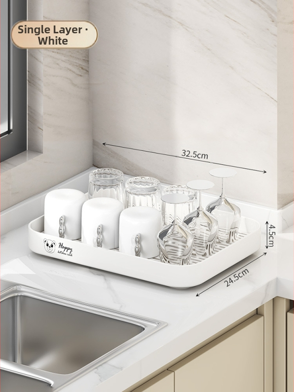 Ράφι αποθήκευσης φλυτζανιών για γραφείο, διπλού επιπέδου δίσκος αποστράγγισης, μεταλλικό, μοντέλο 1, μονόχρωμο στυλ