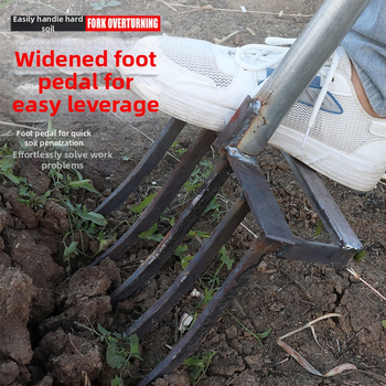 Keturių dantų mangano plieno žemės atlaisvinimo šakutė, viengubio integruoto dizaino, aukšta kietumas, skirta svogūnams, česnakams ir imbierui