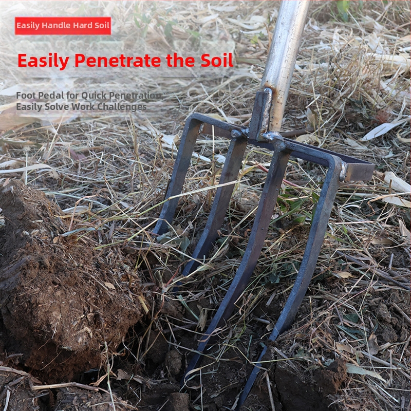 Селскостопанска четиризъбена форк за разрохкване на почвата, манганова стомана, едночастна интегрирана конструкция, подходяща за копаене на лук, джинджифил и чесън