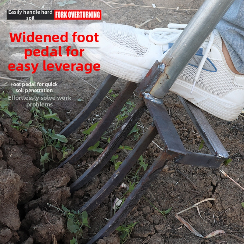 Селскостопанска четиризъбена форк за разрохкване на почвата, манганова стомана, едночастна интегрирана конструкция, подходяща за копаене на лук, джинджифил и чесън