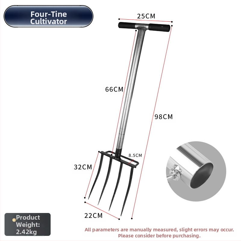 Keturių dantų mangano plieno žemės atlaisvinimo šakutė, viengubio integruoto dizaino, aukšta kietumas, skirta svogūnams, česnakams ir imbierui