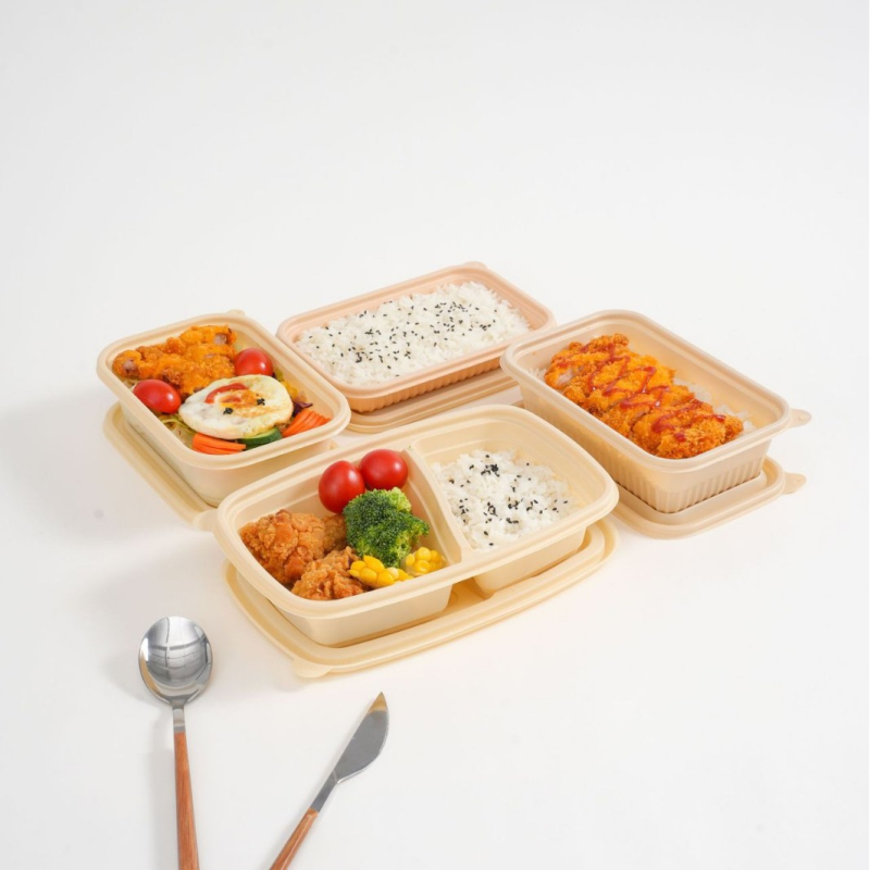 Egyszer használatos ebédes doboz japán stílusban egy személyre szóló, több rekeszes, különböző kapacitásokkal, 2 mm vastagságú, biológiailag lebomló anyagból, testreszabható