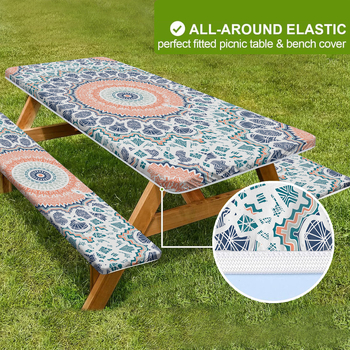 Комплект покривки за пикник: маса и столове – три части, полиестер, правоъгълна форма, геометричен принт, прахозащитна