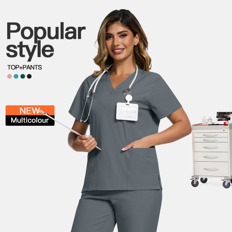 Dviejų dalių medicininės slaugos uniiformos komplektas – trumpomis rankovėmis, V formos iškirptė, poliesteris drėgmės valdymui