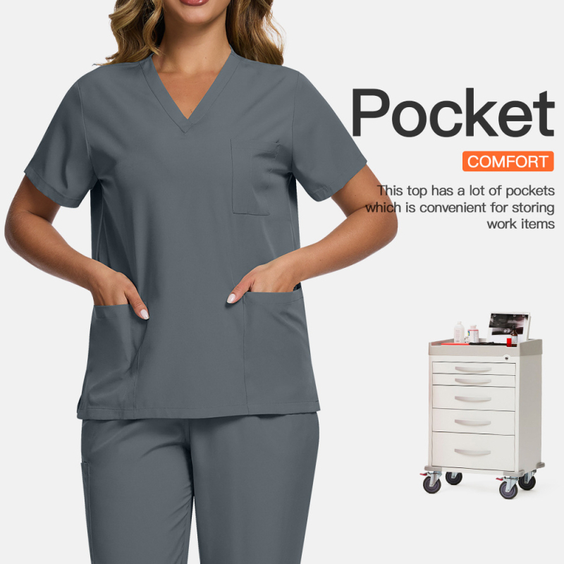 Dviejų dalių medicininės slaugos uniiformos komplektas – trumpomis rankovėmis, V formos iškirptė, poliesteris drėgmės valdymui