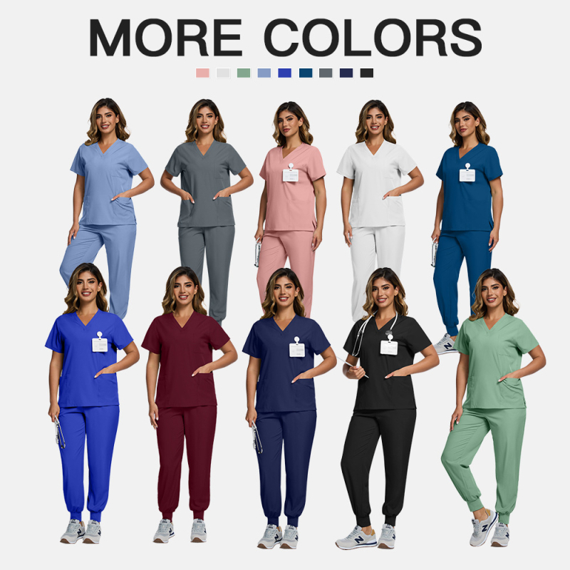 Dviejų dalių medicininės slaugos uniiformos komplektas – trumpomis rankovėmis, V formos iškirptė, poliesteris drėgmės valdymui