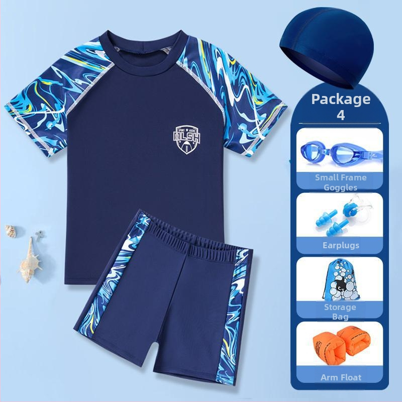 Двучастков детски плувен костюм за момчета – къс ръкав и шорти, плат Nylon и Полиестер