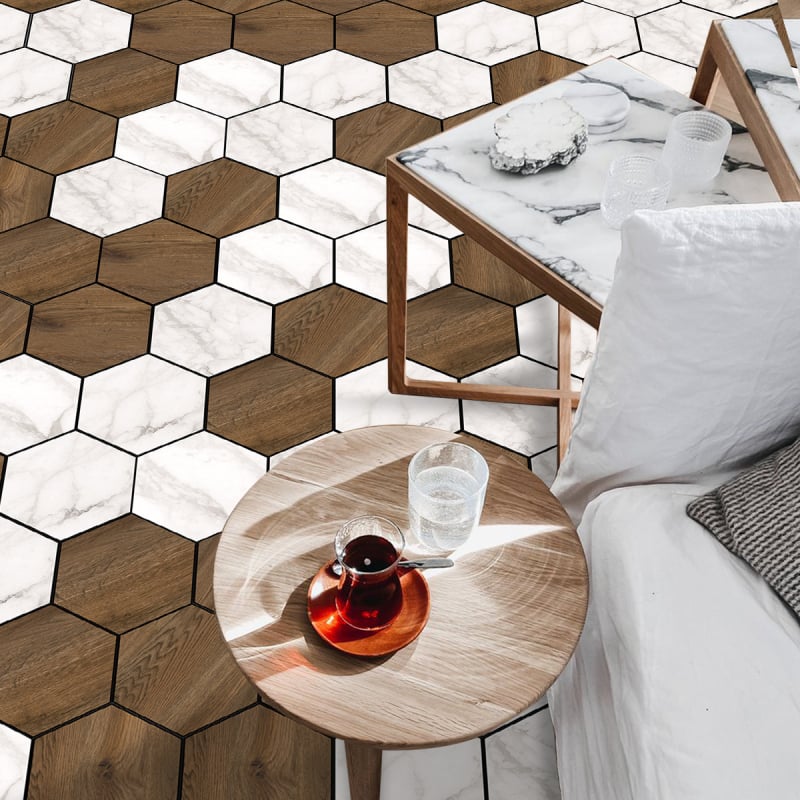 Hatszögletű PVC öntapadós padlólapok, vízállóak és nedvesség-, olaj- és penészállók, más mintázat, több mint 5 darab, alkalmas hálószoba, dolgozószoba, étkező, konyha és fürdőszoba