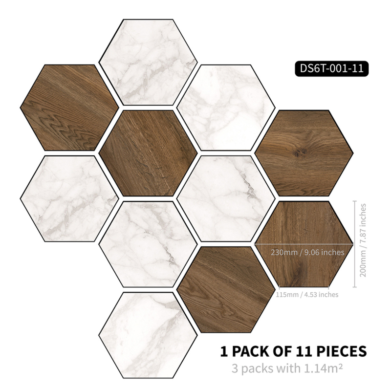 Hatszögletű PVC öntapadós padlólapok, vízállóak és nedvesség-, olaj- és penészállók, más mintázat, több mint 5 darab, alkalmas hálószoba, dolgozószoba, étkező, konyha és fürdőszoba